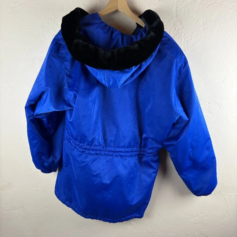 Vintage skea Paris Vail Royal Blue Ski Snow Jacket Faux Fur Hood 1990s Large USA